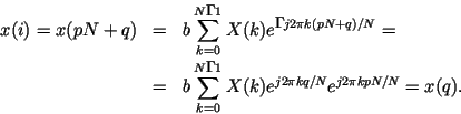 \begin{eqnarray*}
x(i)=x(pN+q)&=&b\sum _{k=0}^{N-1} X(k)e^{-j2\pi k(pN+q)/N}= \\
~&=&b\sum _{k=0}^{N-1} X(k)e^{j2\pi kq/N}e^{j2\pi kpN/N}=x(q).
\end{eqnarray*}
